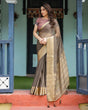 Load image into Gallery viewer, Elegant Olive Brown Plain Chiffon Saree with Gold Zari Border, Paisley Printed Blouse &amp; Tassel Detailing CHIFFON