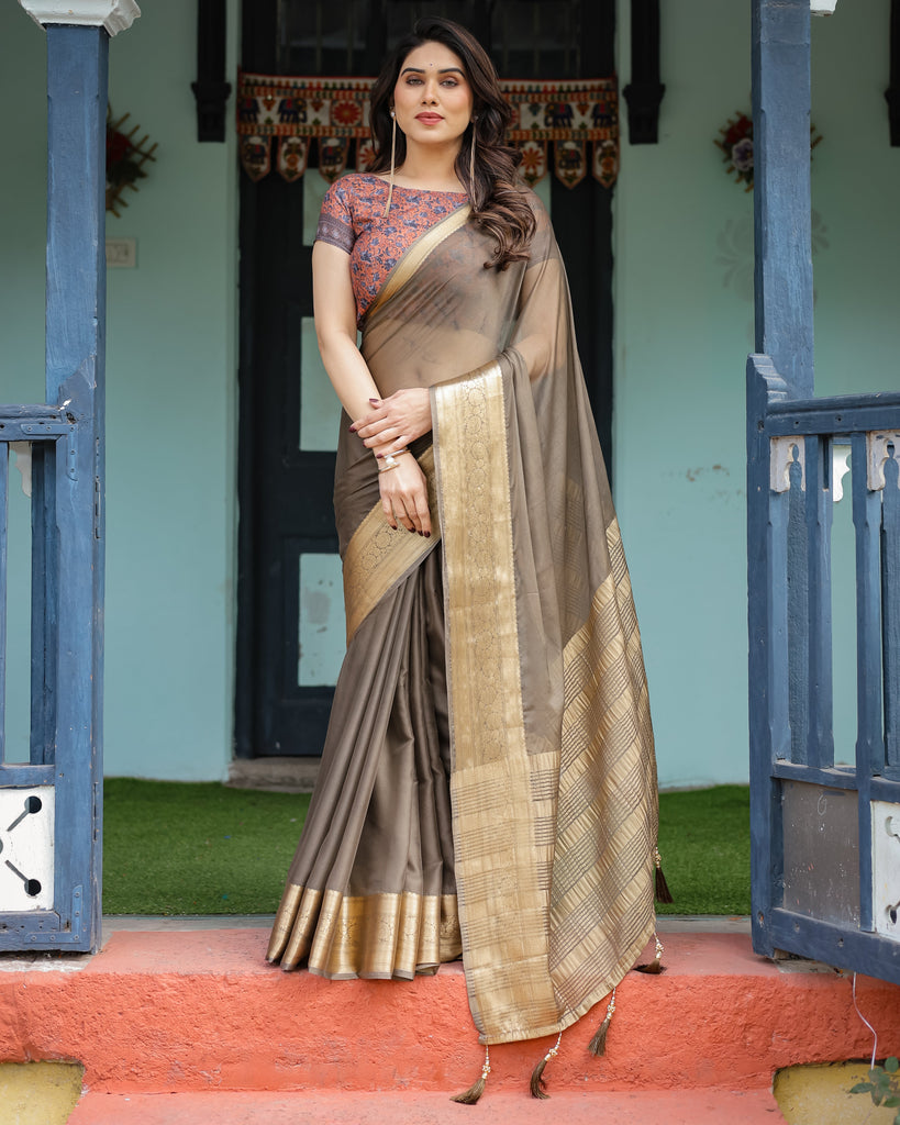 Elegant Olive Brown Plain Chiffon Saree with Gold Zari Border, Paisley Printed Blouse & Tassel Detailing CHIFFON