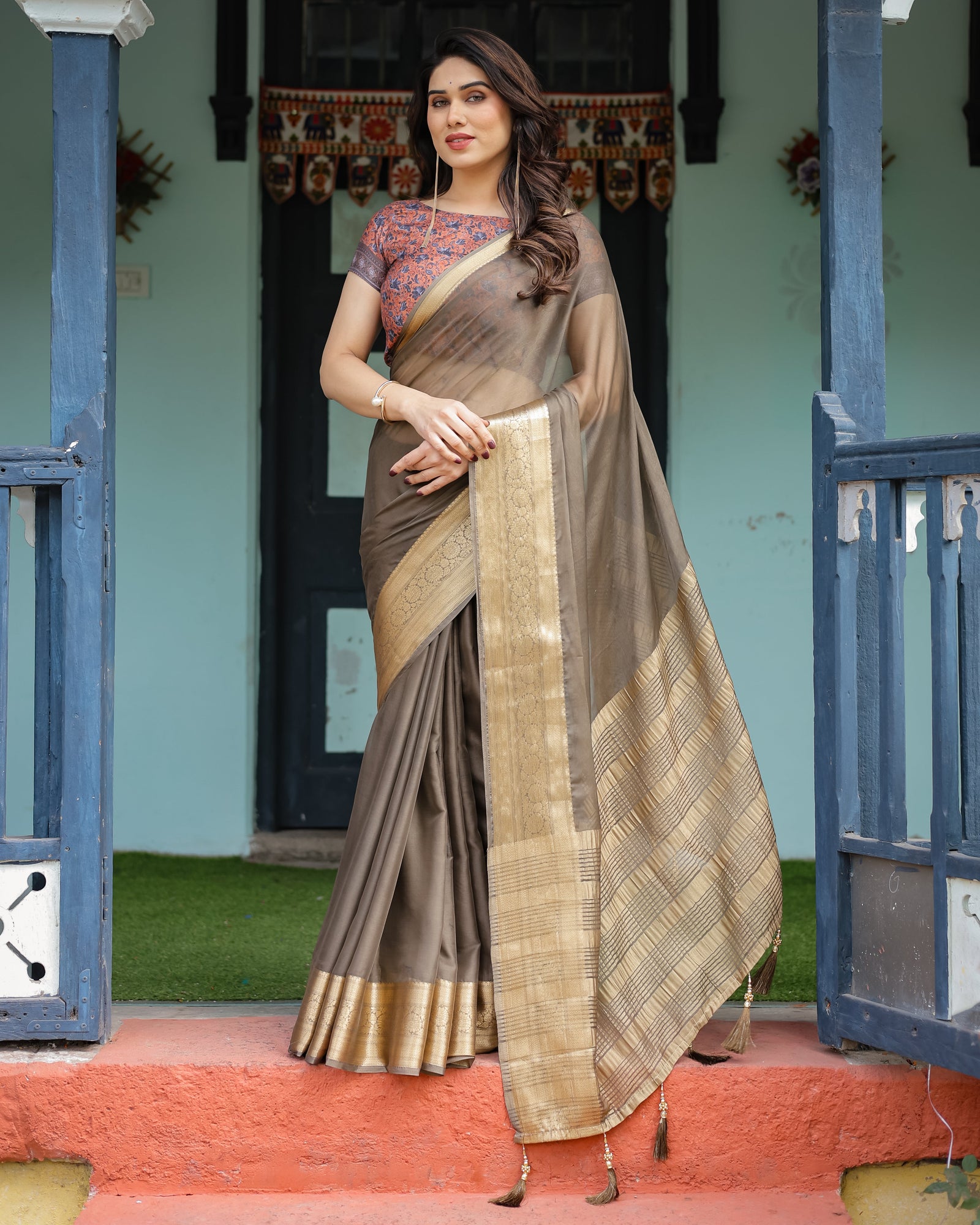 Elegant Olive Brown Plain Chiffon Saree with Gold Zari Border, Paisley Printed Blouse & Tassel Detailing CHIFFON