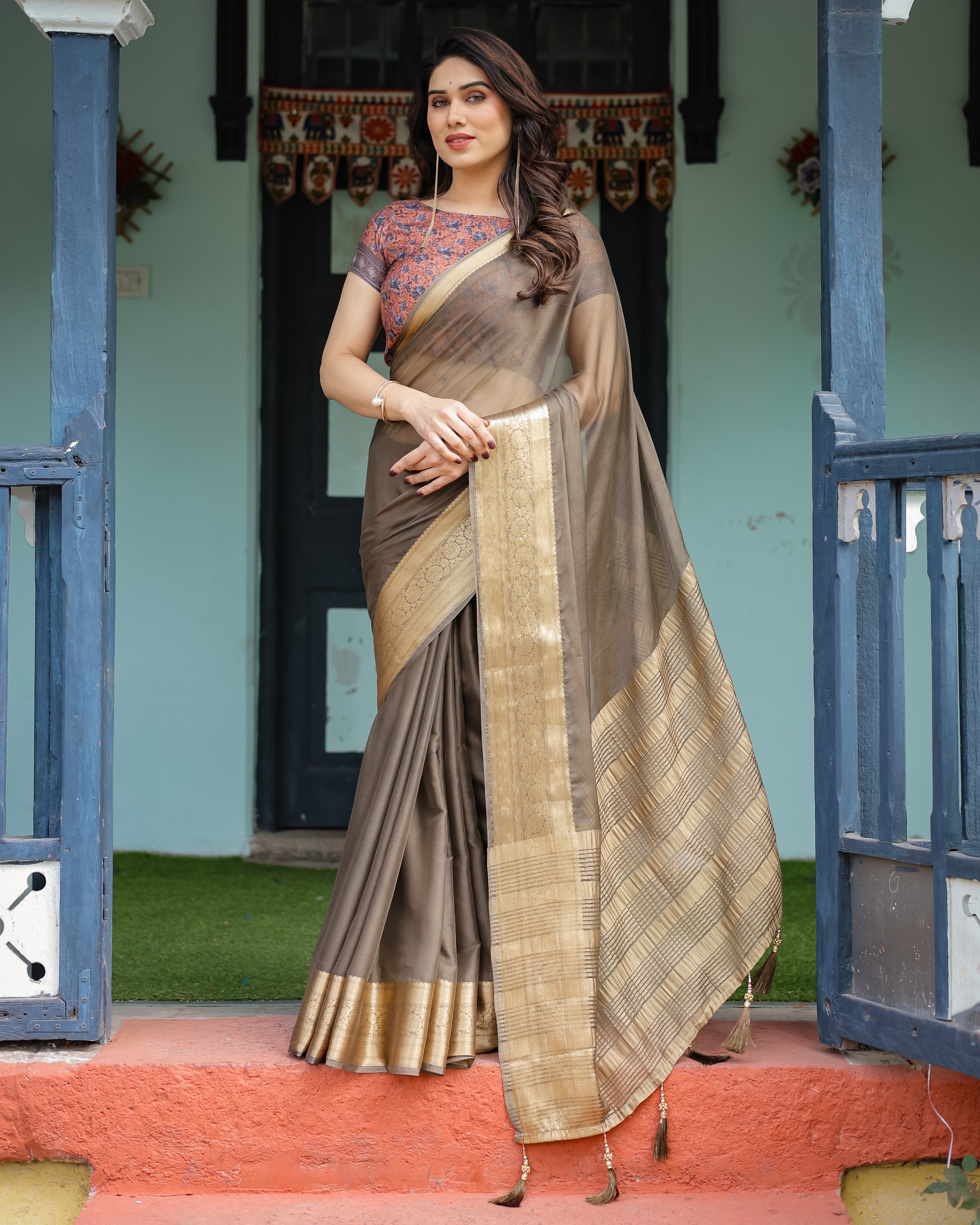 Elegant Olive Brown Plain Chiffon Saree with Gold Zari Border, Paisley Printed Blouse & Tassel Detailing CHIFFON