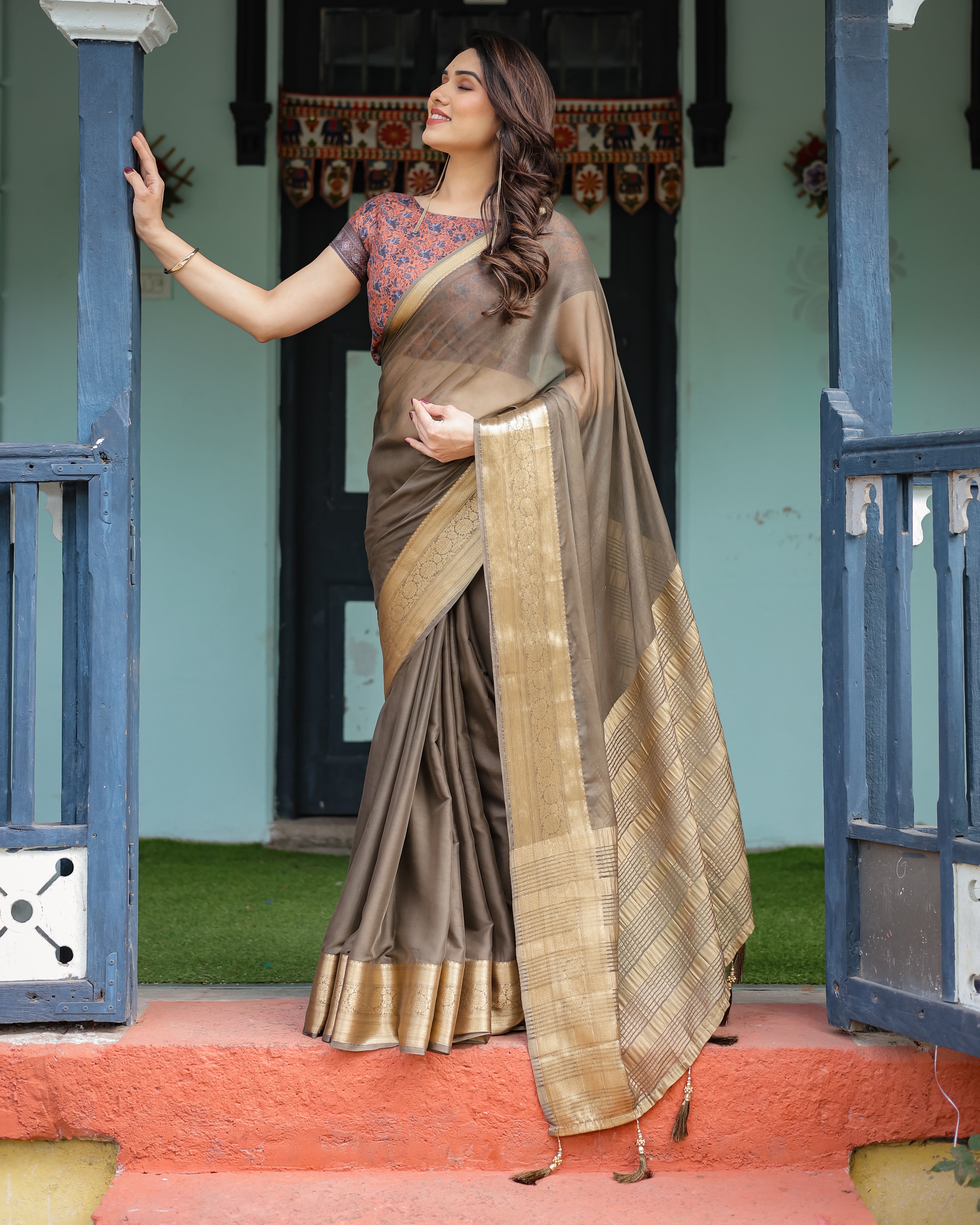 Elegant Olive Brown Plain Chiffon Saree with Gold Zari Border, Paisley Printed Blouse & Tassel Detailing CHIFFON Main image