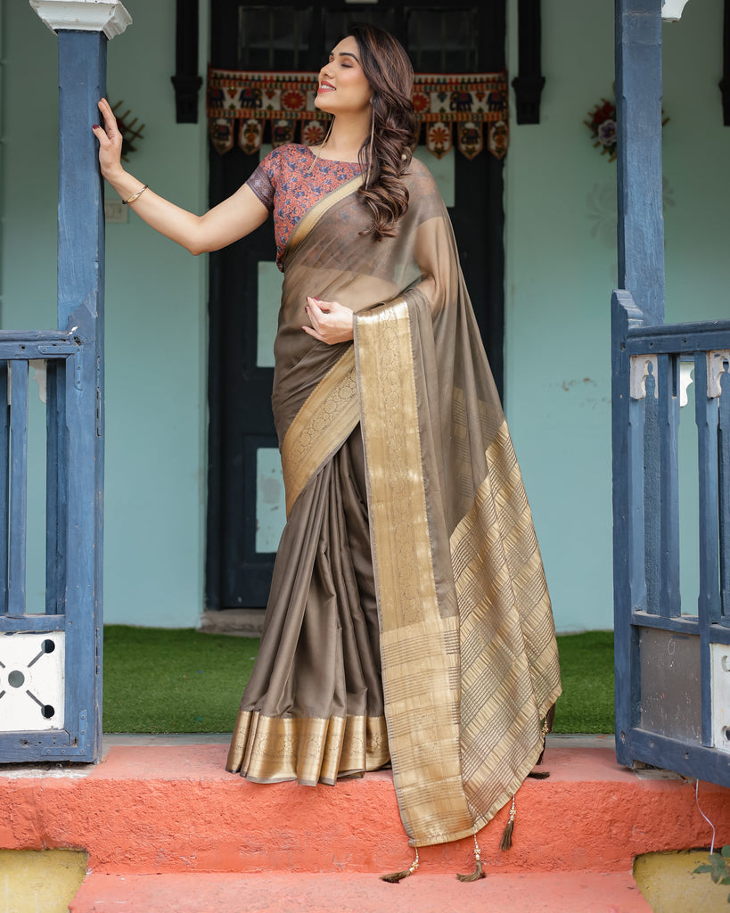 Elegant Olive Brown Plain Chiffon Saree with Gold Zari Border, Paisley Printed Blouse & Tassel Detailing CHIFFON