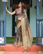 Load image into Gallery viewer, Elegant Olive Brown Plain Chiffon Saree with Gold Zari Border, Paisley Printed Blouse &amp; Tassel Detailing CHIFFON