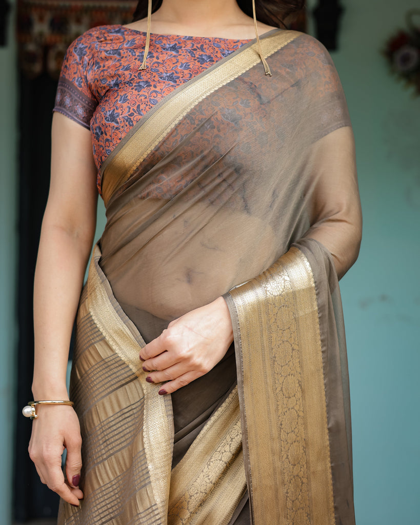 Elegant Olive Brown Plain Chiffon Saree with Gold Zari Border, Paisley Printed Blouse & Tassel Detailing CHIFFON