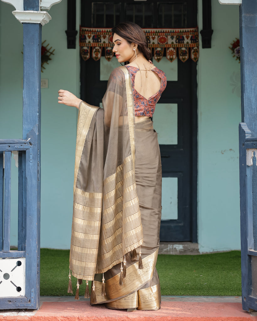 Elegant Olive Brown Plain Chiffon Saree with Gold Zari Border, Paisley Printed Blouse & Tassel Detailing CHIFFON