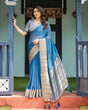 Load image into Gallery viewer, Vibrant Peacock Blue Plain Chiffon Saree with Gold Zari Border, Floral Printed Blouse &amp; Tassel Accents CHIFFON