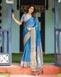 Load image into Gallery viewer, Vibrant Peacock Blue Plain Chiffon Saree with Gold Zari Border, Floral Printed Blouse &amp; Tassel Accents CHIFFON