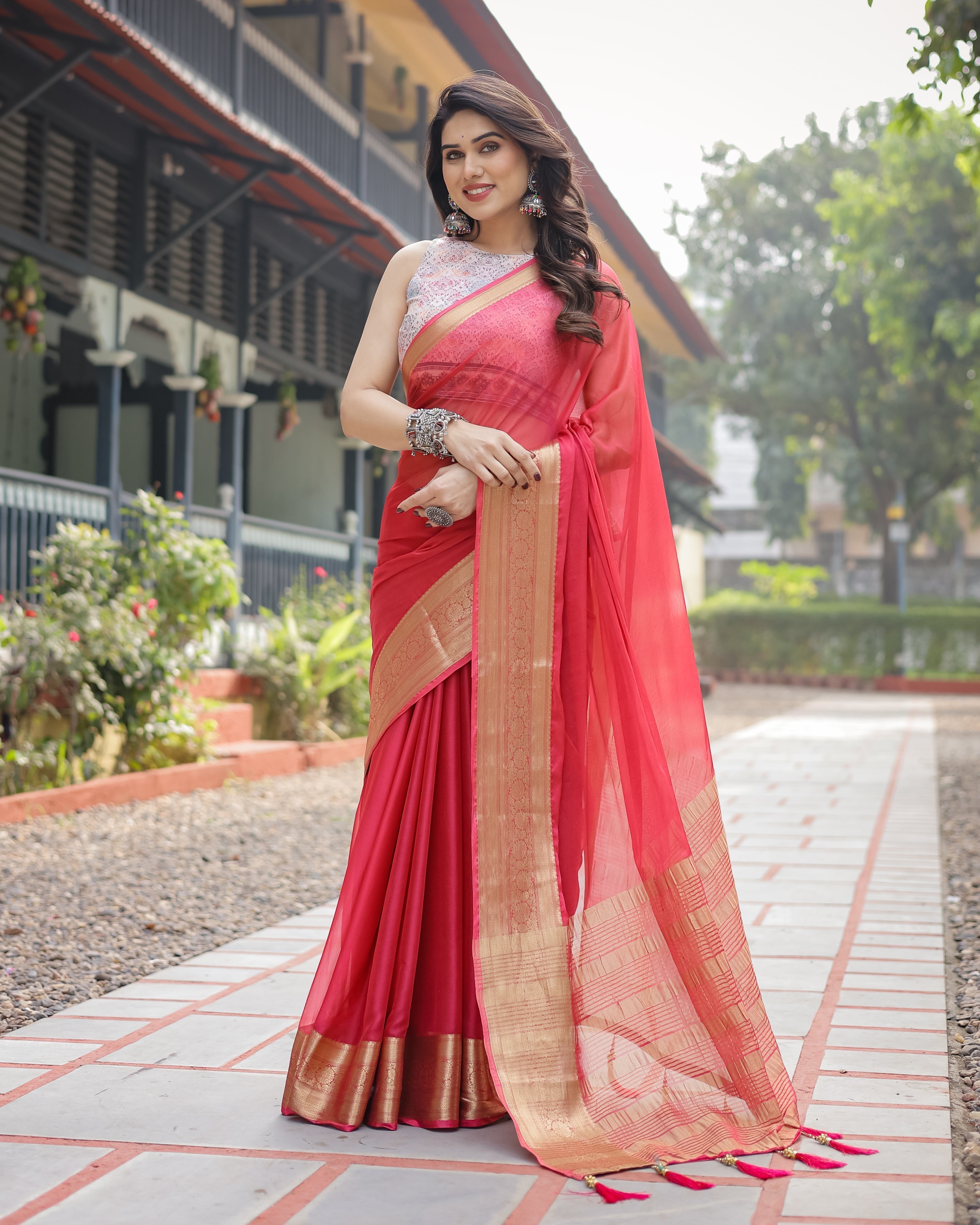 Radiant Rose Red Plain Chiffon Saree with Gold Zari Border, Intricate Printed Blouse & Tassel Accents Secondary image