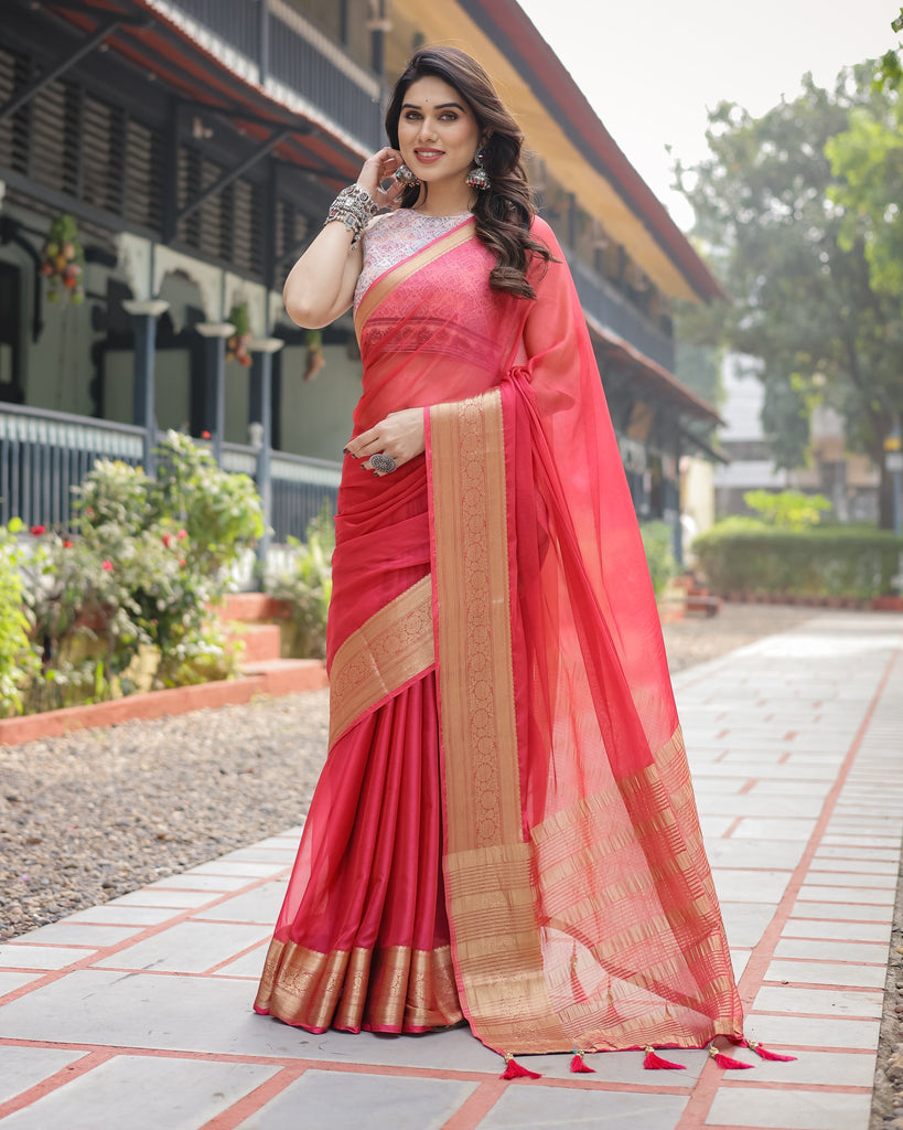 Radiant Rose Red Plain Chiffon Saree with Gold Zari Border, Intricate Printed Blouse & Tassel Accents CHIFFON