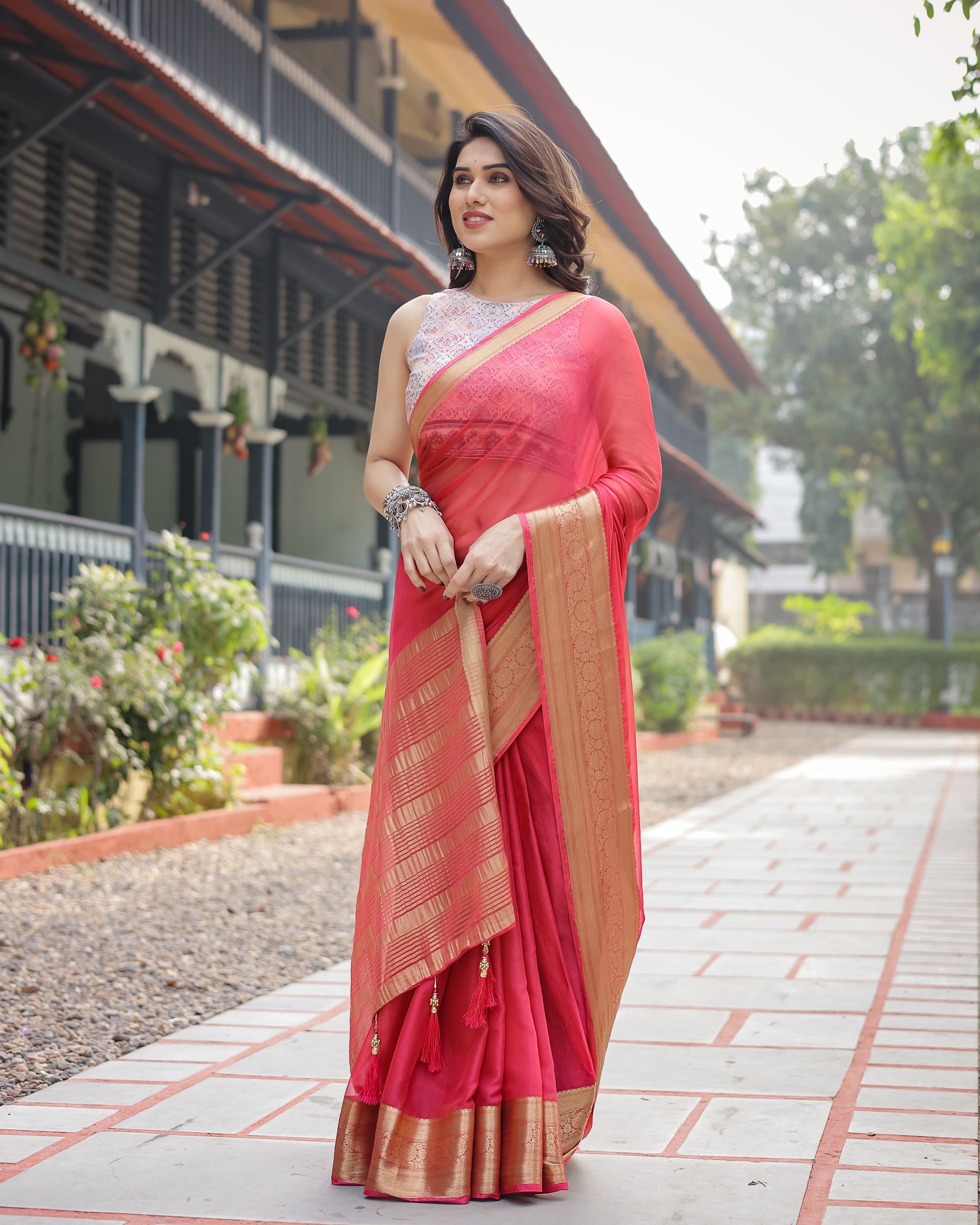 Radiant Rose Red Plain Chiffon Saree with Gold Zari Border, Intricate Printed Blouse & Tassel Accents CHIFFON Main image