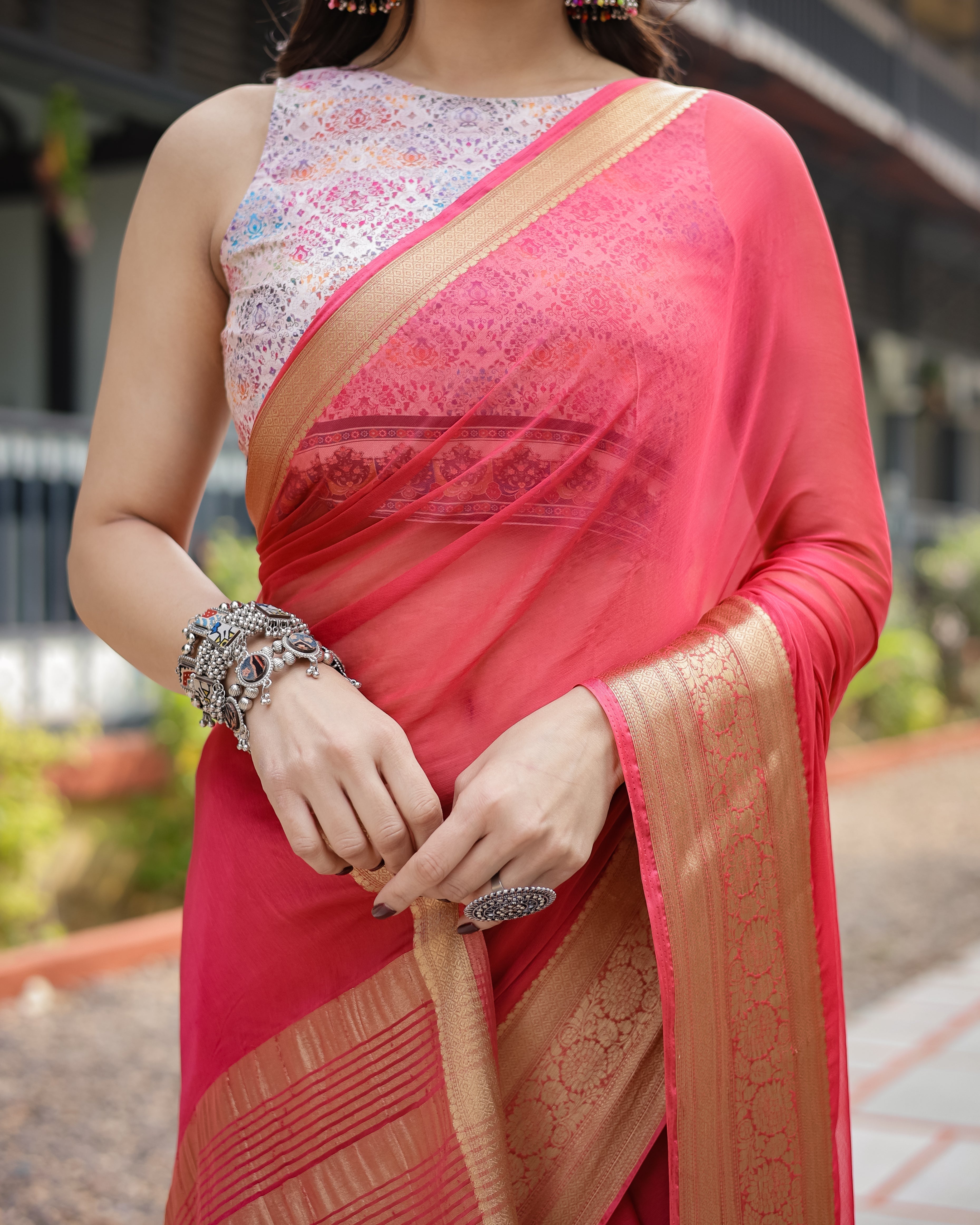 Radiant Rose Red Plain Chiffon Saree with Gold Zari Border, Intricate Printed Blouse & Tassel Accents CHIFFON