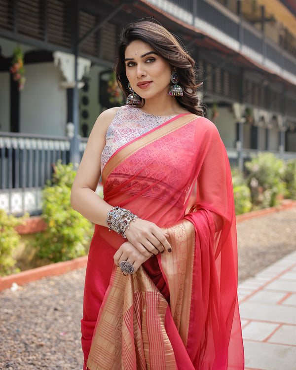 Radiant Rose Red Plain Chiffon Saree with Gold Zari Border, Intricate Printed Blouse & Tassel Accents CHIFFON