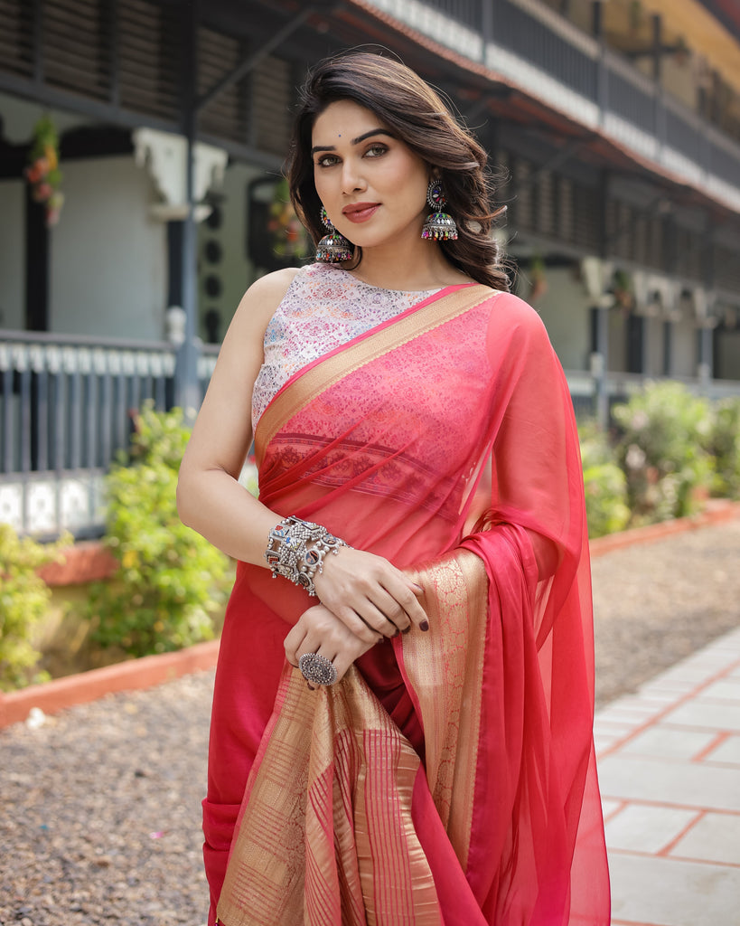 Radiant Rose Red Plain Chiffon Saree with Gold Zari Border, Intricate Printed Blouse & Tassel Accents CHIFFON