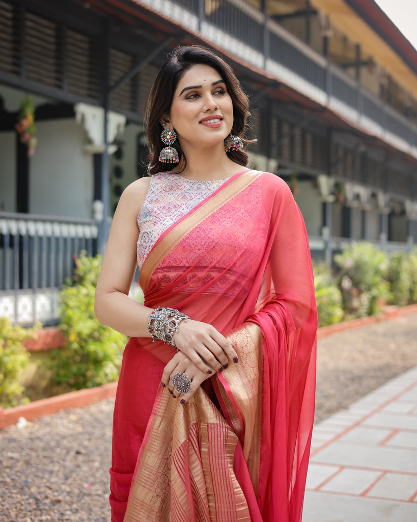 Radiant Rose Red Plain Chiffon Saree with Gold Zari Border, Intricate Printed Blouse & Tassel Accents CHIFFON