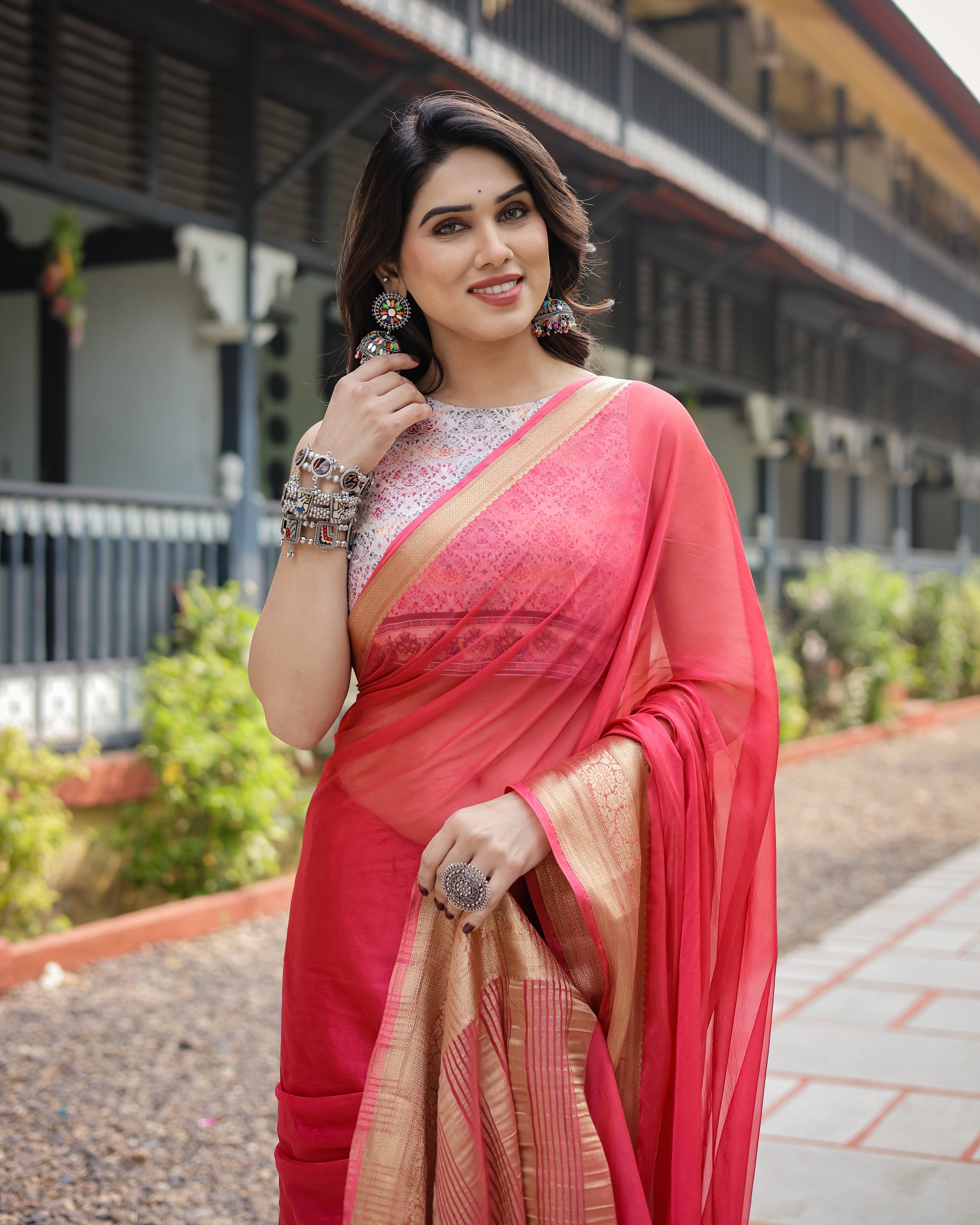 Radiant Rose Red Plain Chiffon Saree with Gold Zari Border, Intricate Printed Blouse & Tassel Accents CHIFFON
