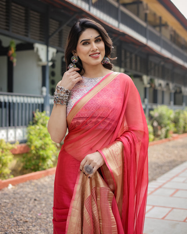 Radiant Rose Red Plain Chiffon Saree with Gold Zari Border, Intricate Printed Blouse & Tassel Accents CHIFFON