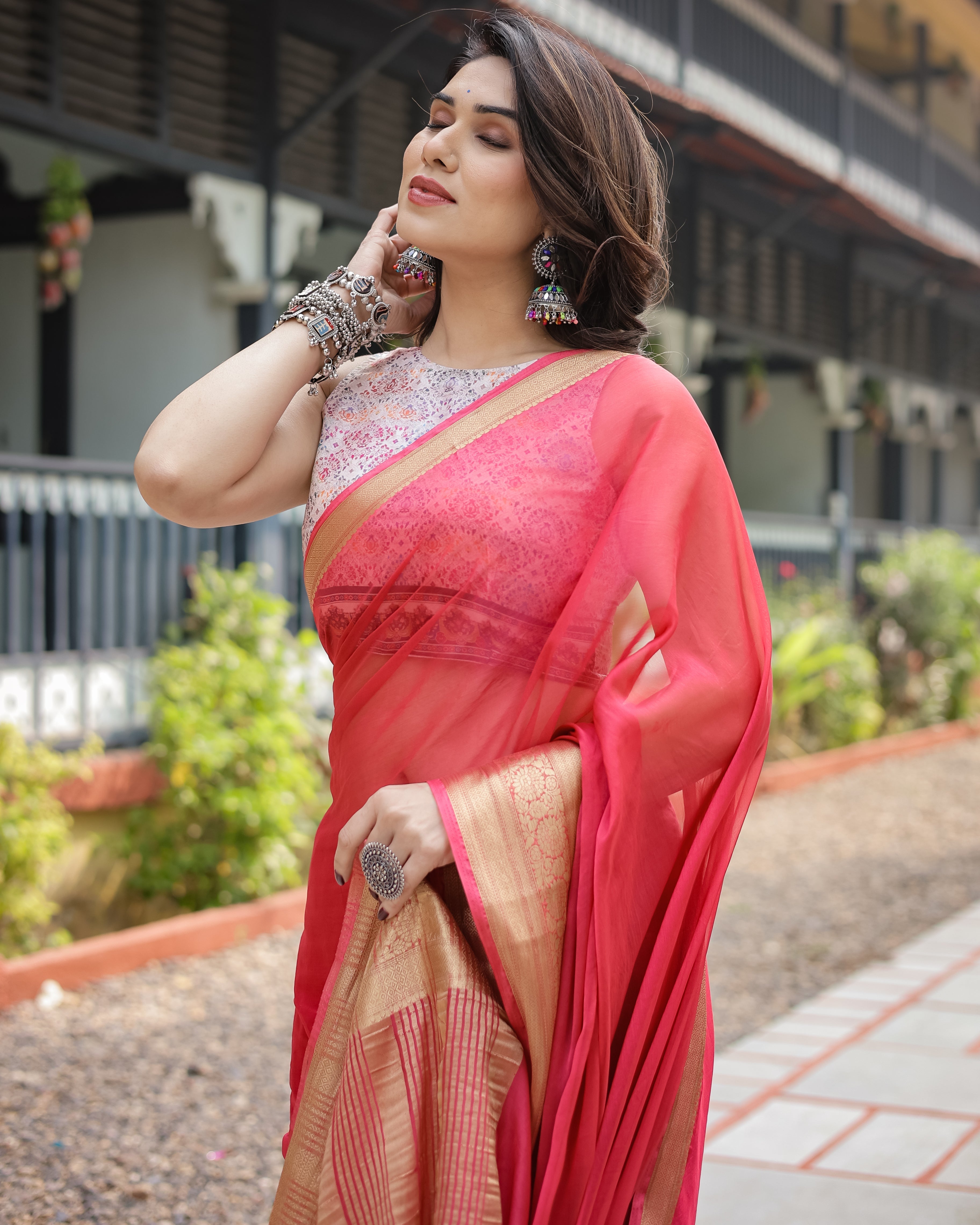 Radiant Rose Red Plain Chiffon Saree with Gold Zari Border, Intricate Printed Blouse & Tassel Accents CHIFFON