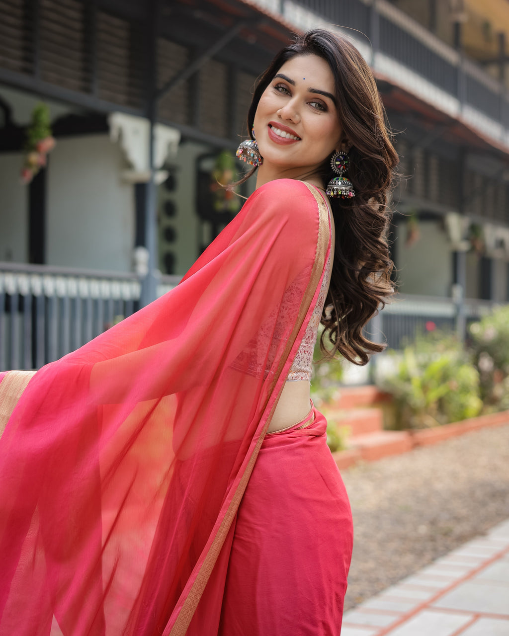 Radiant Rose Red Plain Chiffon Saree with Gold Zari Border, Intricate Printed Blouse & Tassel Accents CHIFFON