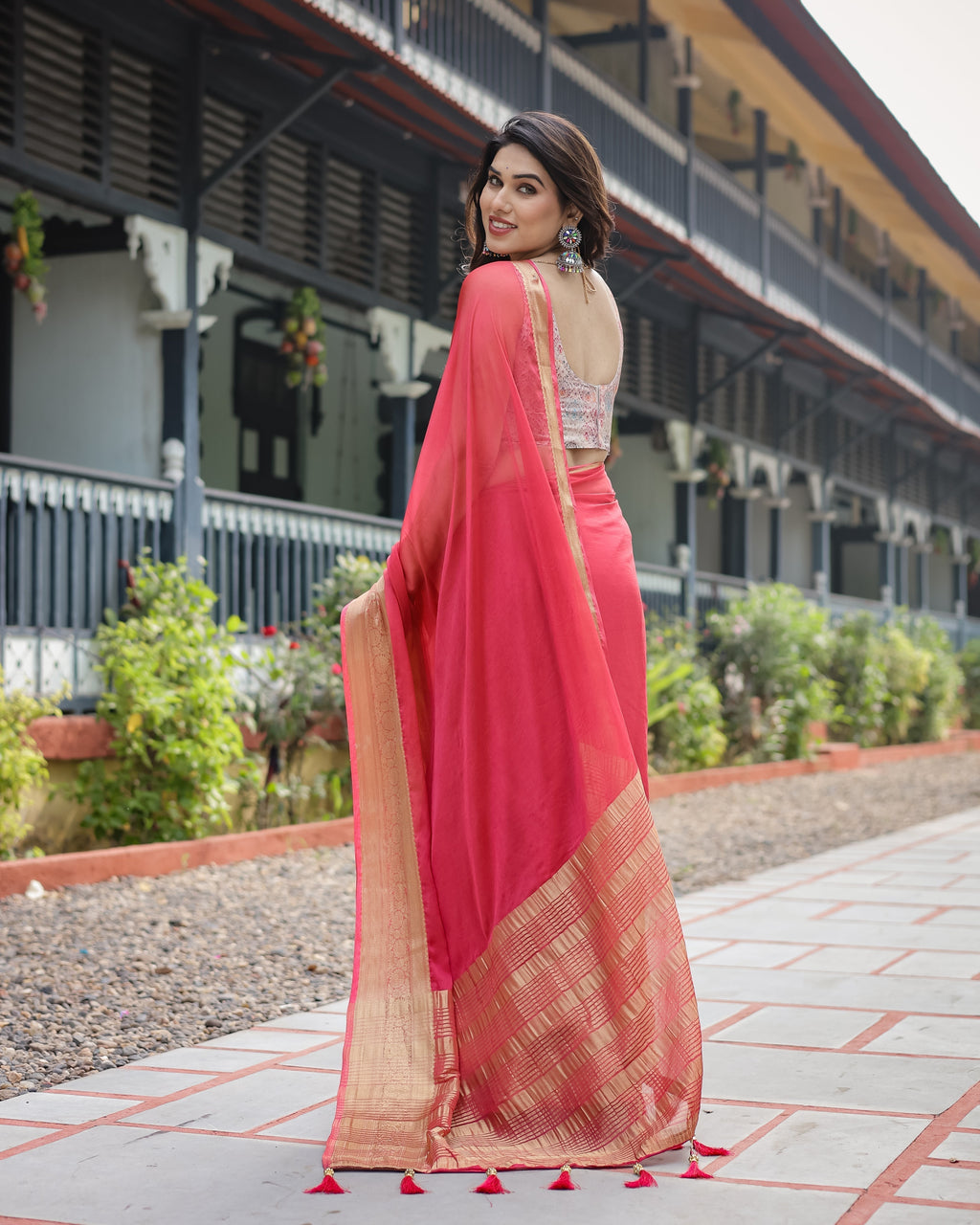 Radiant Rose Red Plain Chiffon Saree with Gold Zari Border, Intricate Printed Blouse & Tassel Accents CHIFFON