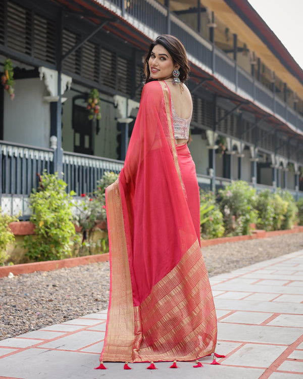 Radiant Rose Red Plain Chiffon Saree with Gold Zari Border, Intricate Printed Blouse & Tassel Accents CHIFFON