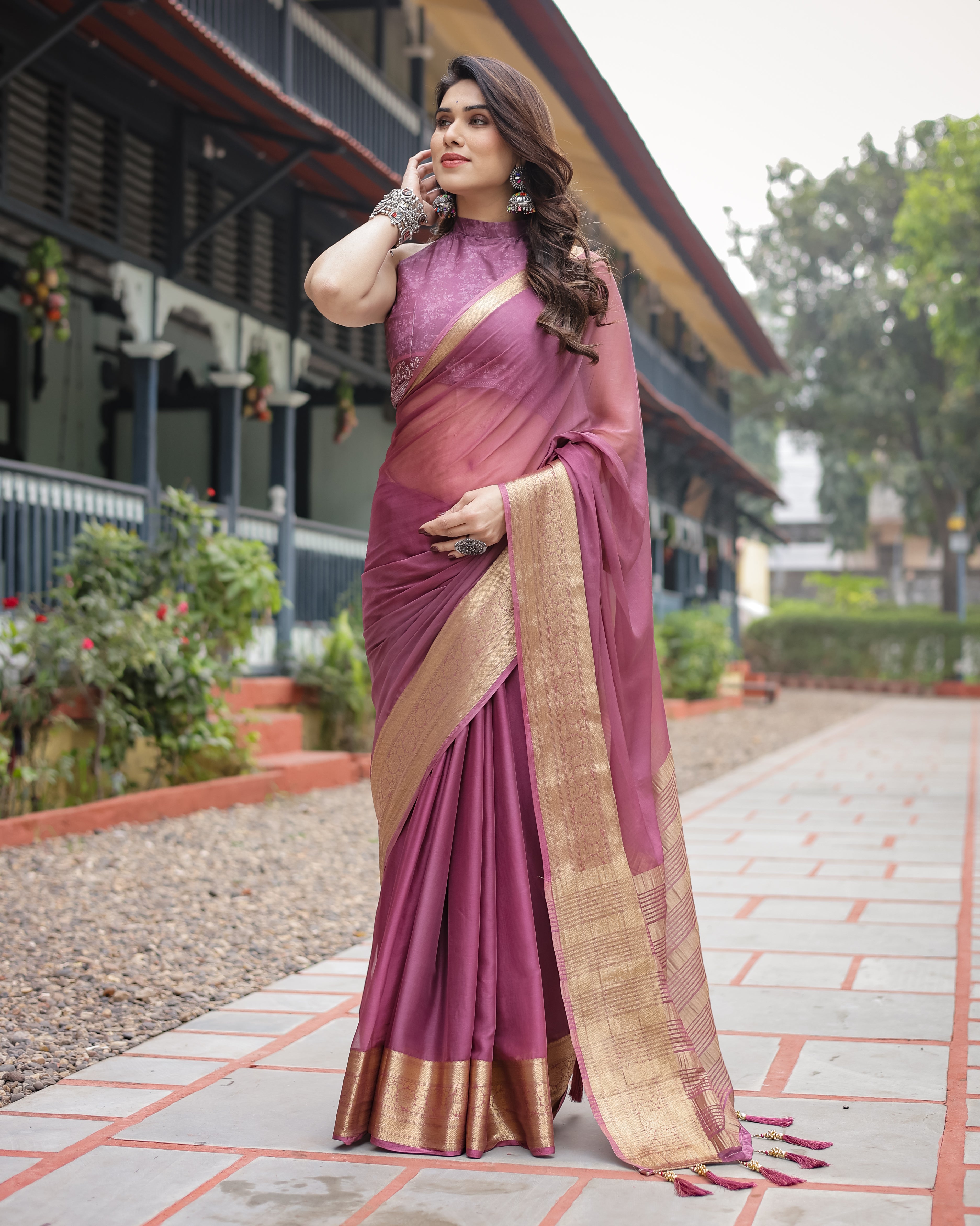 Sophisticated Mauve Plain Chiffon Saree with Gold Zari Border, Matching Printed Blouse & Tassel Detailing CHIFFON Main image