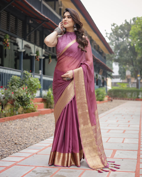 Sophisticated Mauve Plain Chiffon Saree with Gold Zari Border, Matching Printed Blouse & Tassel Detailing CHIFFON Main image