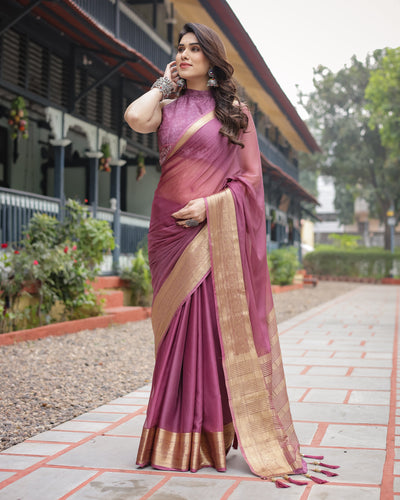 Sophisticated Mauve Plain Chiffon Saree with Gold Zari Border, Matching Printed Blouse & Tassel Detailing CHIFFON