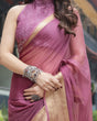 Load image into Gallery viewer, Sophisticated Mauve Plain Chiffon Saree with Gold Zari Border, Matching Printed Blouse &amp; Tassel Detailing CHIFFON