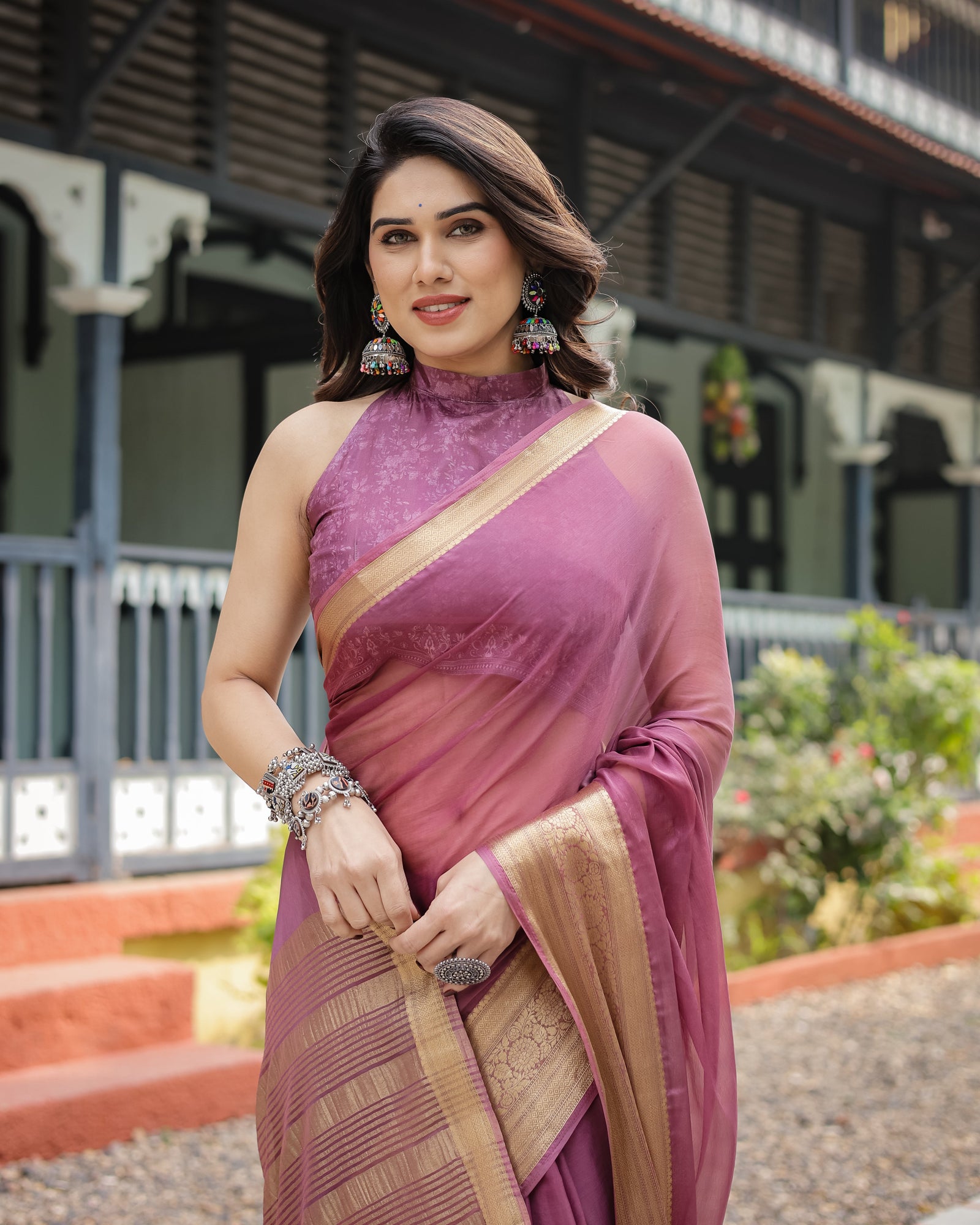Sophisticated Mauve Plain Chiffon Saree with Gold Zari Border, Matching Printed Blouse & Tassel Detailing CHIFFON