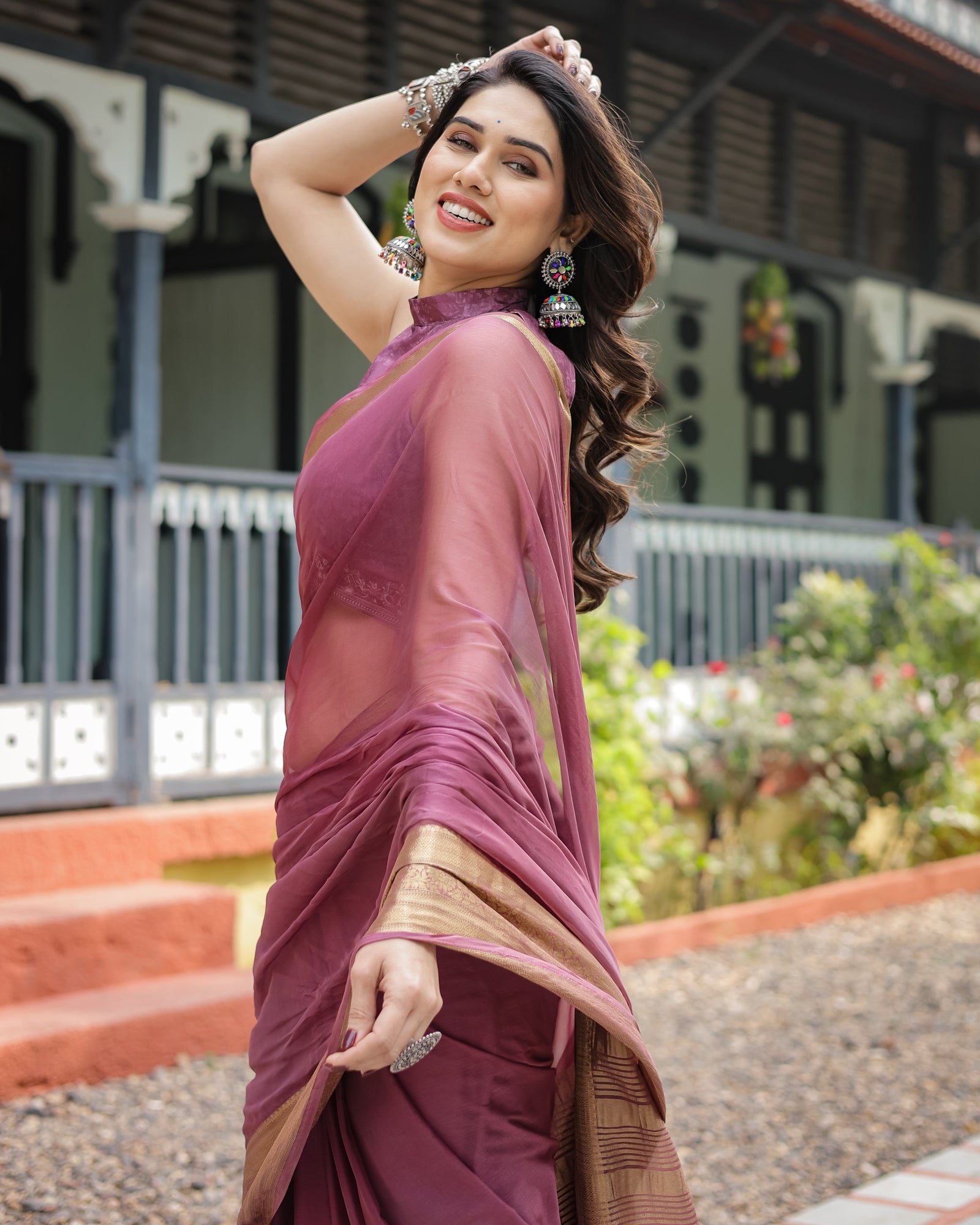 Sophisticated Mauve Plain Chiffon Saree with Gold Zari Border, Matching Printed Blouse & Tassel Detailing CHIFFON