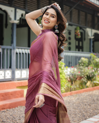 Sophisticated Mauve Plain Chiffon Saree with Gold Zari Border, Matching Printed Blouse & Tassel Detailing CHIFFON