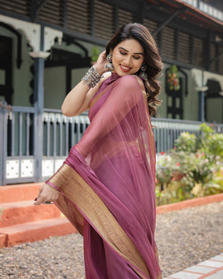 Sophisticated Mauve Plain Chiffon Saree with Gold Zari Border, Matching Printed Blouse & Tassel Detailing CHIFFON