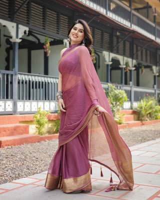 Sophisticated Mauve Plain Chiffon Saree with Gold Zari Border, Matching Printed Blouse & Tassel Detailing CHIFFON