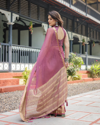 Sophisticated Mauve Plain Chiffon Saree with Gold Zari Border, Matching Printed Blouse & Tassel Detailing CHIFFON