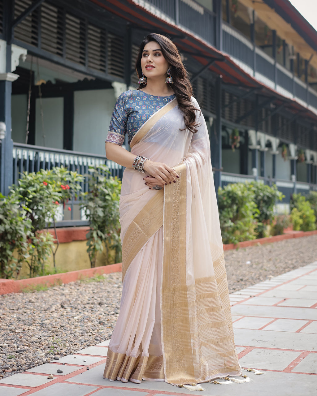 Ivory White Plain Chiffon Saree with Gold Zari Border, Floral Printed Blouse & Tassel Detailing CHIFFON