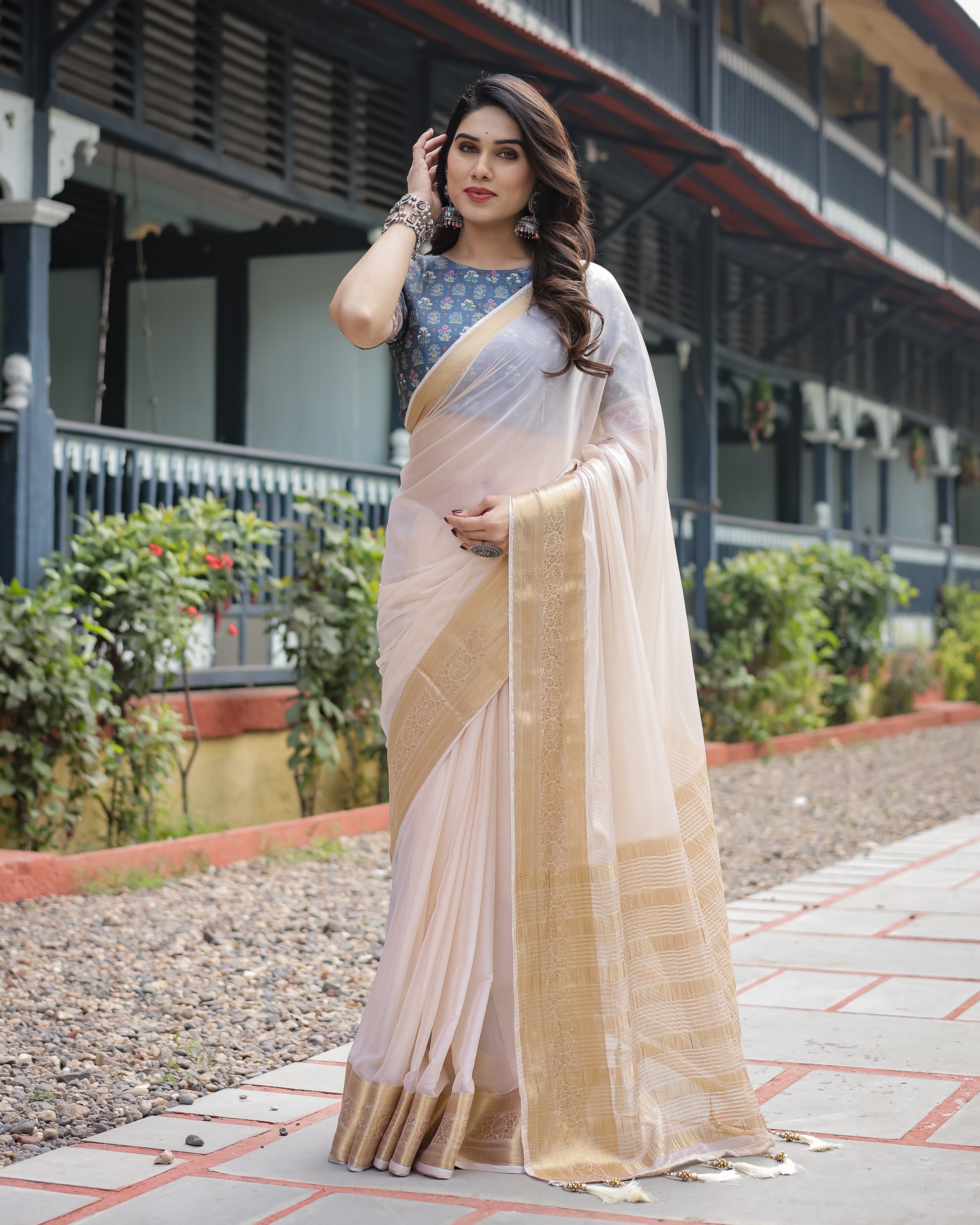 Ivory White Plain Chiffon Saree with Gold Zari Border, Floral Printed Blouse & Tassel Detailing CHIFFON