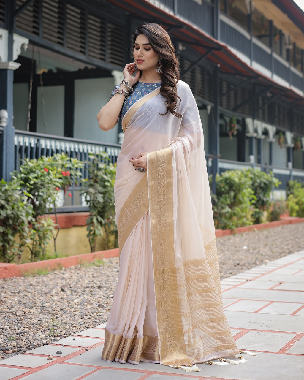 Ivory White Plain Chiffon Saree with Gold Zari Border, Floral Printed Blouse & Tassel Detailing CHIFFON