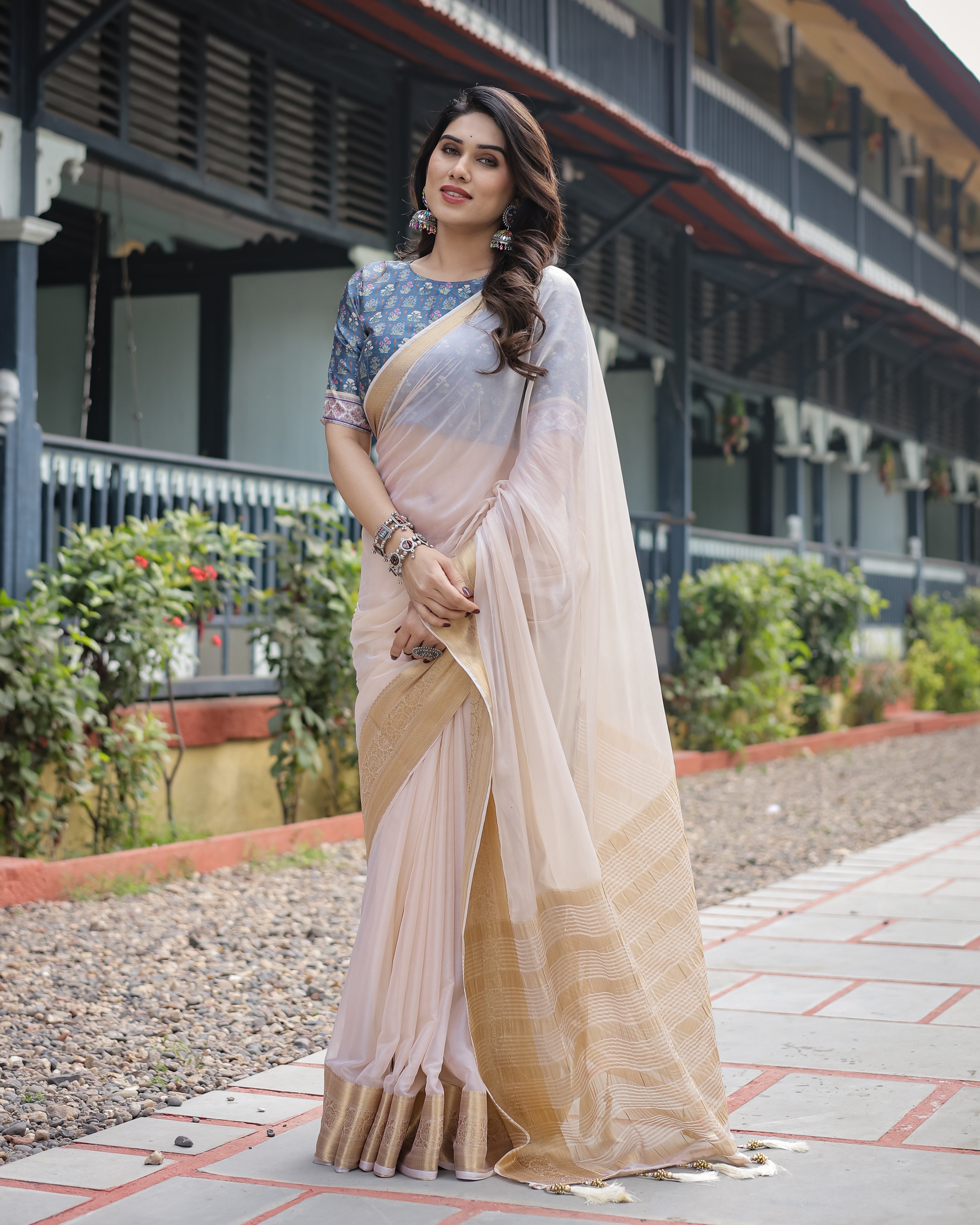 Ivory White Plain Chiffon Saree with Gold Zari Border, Floral Printed Blouse & Tassel Detailing CHIFFON