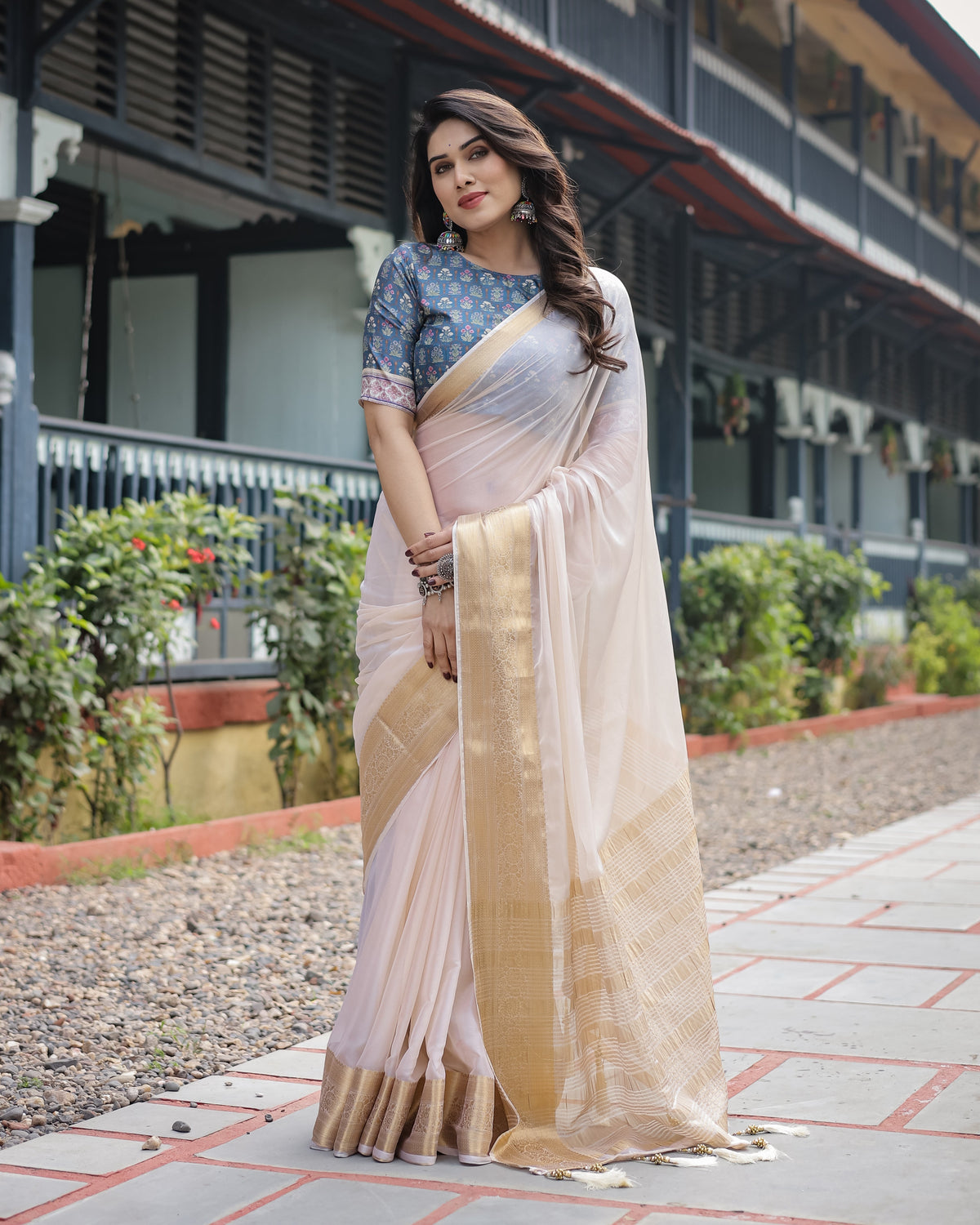 Ivory White Plain Chiffon Saree with Gold Zari Border, Floral Printed Blouse & Tassel Detailing CHIFFON Main image