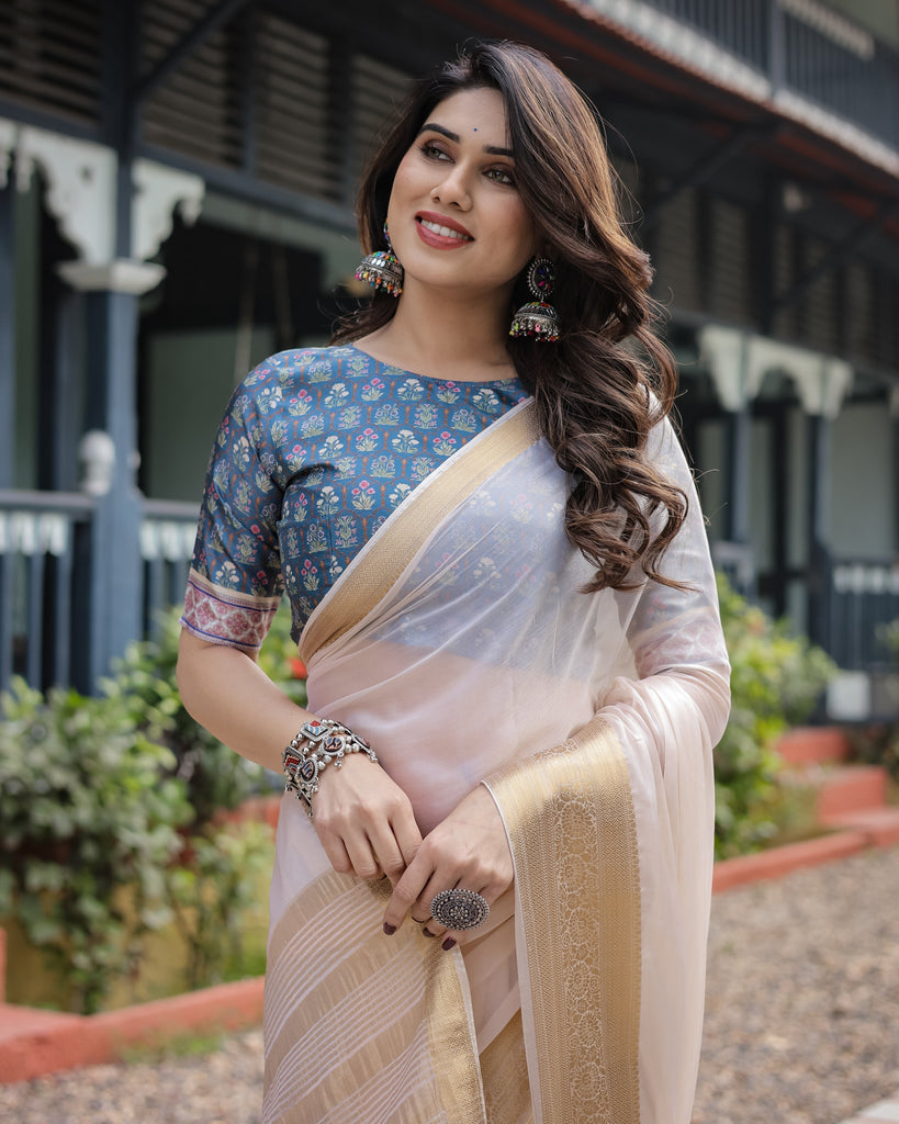 Ivory White Plain Chiffon Saree with Gold Zari Border, Floral Printed Blouse & Tassel Detailing CHIFFON