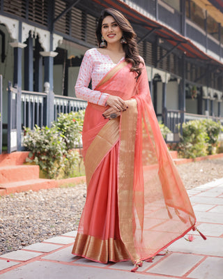 Peach Pink Plain Chiffon Saree with Gold Zari Border, Geometric Printed Blouse & Tassel Detailing CHIFFON