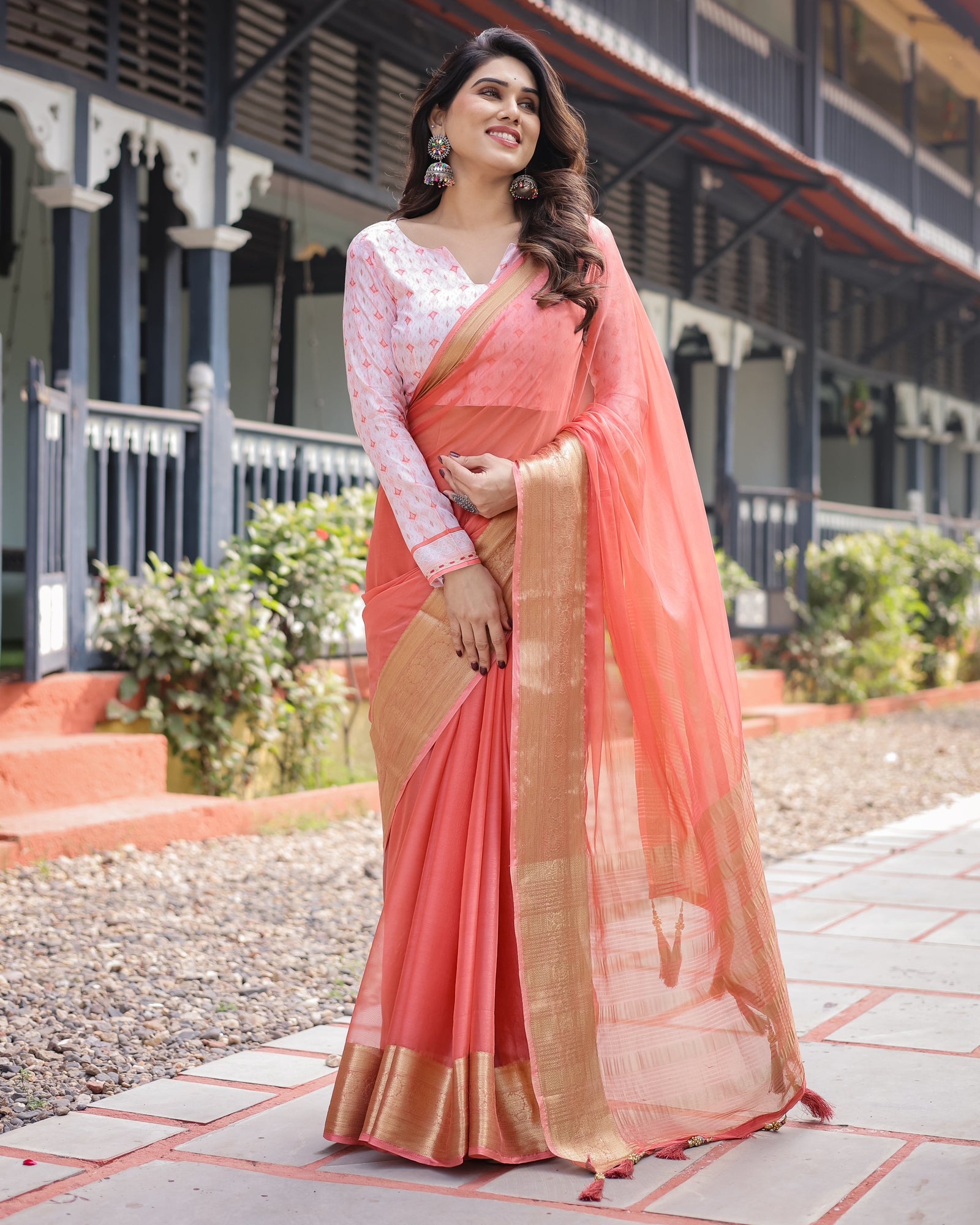 Peach Pink Plain Chiffon Saree with Gold Zari Border, Geometric Printed Blouse & Tassel Detailing CHIFFON