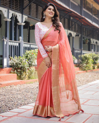 Peach Pink Plain Chiffon Saree with Gold Zari Border, Geometric Printed Blouse & Tassel Detailing CHIFFON