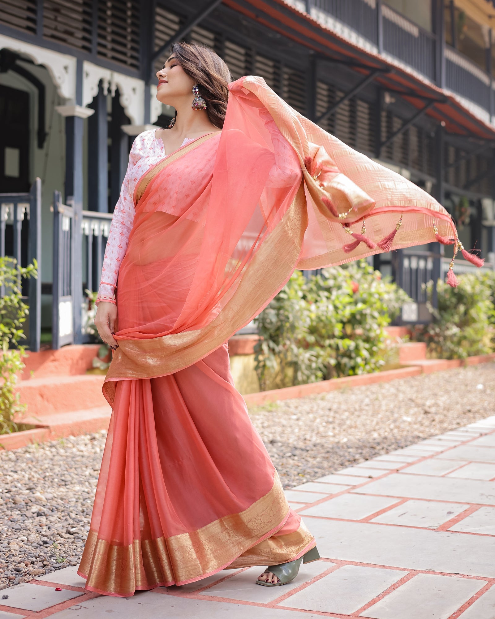 Peach Pink Plain Chiffon Saree with Gold Zari Border, Geometric Printed Blouse & Tassel Detailing CHIFFON