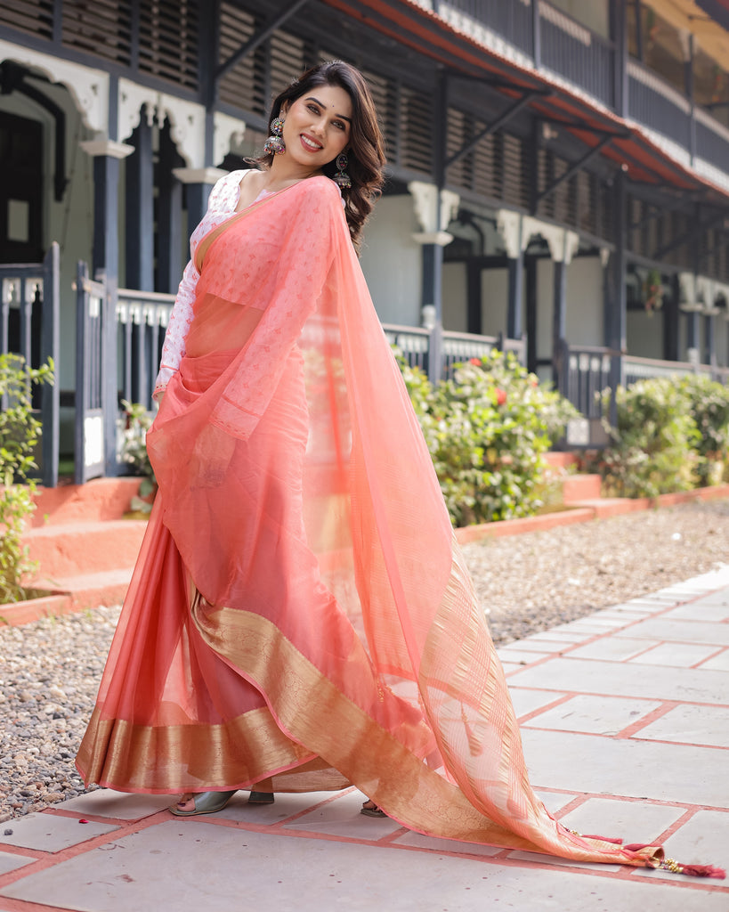 Peach Pink Plain Chiffon Saree with Gold Zari Border, Geometric Printed Blouse & Tassel Detailing CHIFFON