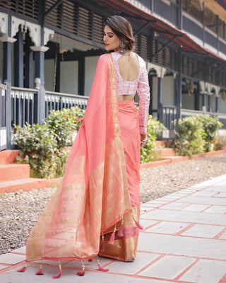 Peach Pink Plain Chiffon Saree with Gold Zari Border, Geometric Printed Blouse & Tassel Detailing CHIFFON
