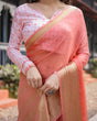 Load image into Gallery viewer, Peach Pink Plain Chiffon Saree with Gold Zari Border, Geometric Printed Blouse &amp; Tassel Detailing CHIFFON