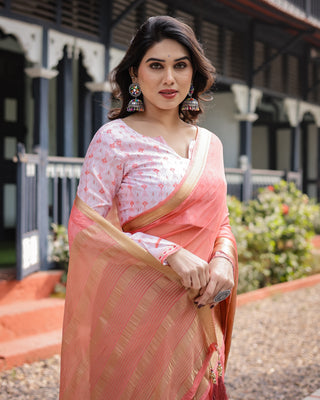 Peach Pink Plain Chiffon Saree with Gold Zari Border, Geometric Printed Blouse & Tassel Detailing CHIFFON