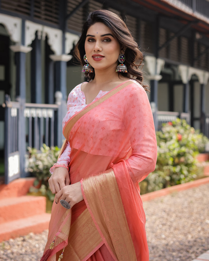 Peach Pink Plain Chiffon Saree with Gold Zari Border, Geometric Printed Blouse & Tassel Detailing CHIFFON
