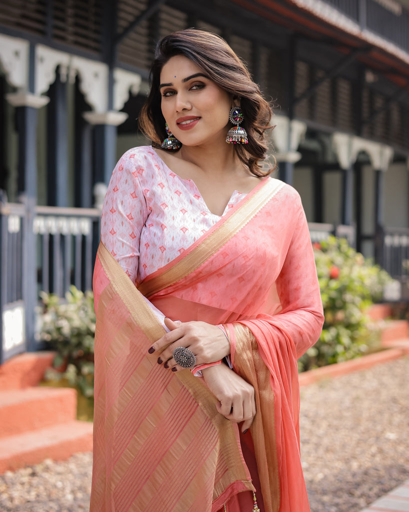 Peach Pink Plain Chiffon Saree with Gold Zari Border, Geometric Printed Blouse & Tassel Detailing CHIFFON